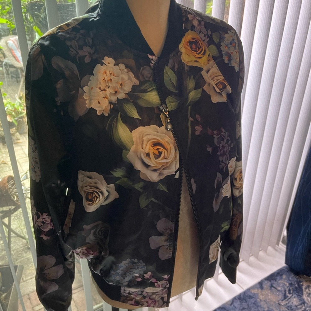 V Cristina Black Satin Floral Bomber Jacket with Cream & Yellow Roses